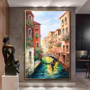 Large Venice Painting on Canvas Italy Cityscape Art Real Gondola Painting Sunset in Venice Italy Wall Art Travel to Venice Oil Painting