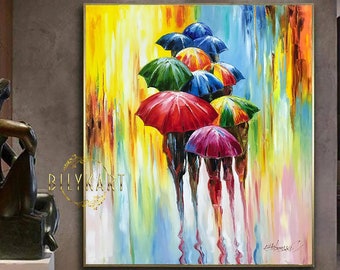 Abstract Autumn Painting Original Colorful 60x70 Wall Art Rainy Day 24x28 Canvas Living Room Art Decor People under Umbrellas Oil Painting