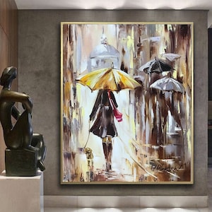 Large Abstract Figures Oil Painting Original Extra Large Wall Art People Under Umbrellas Painting Rainy Day Art XL Abstract Rain Painting