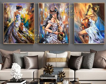 3 Matching Paintings Set of Three Woman Painting Framed Abstract Musician Oil Paintings Set of 3 Piece Wall Art Big Stylish Paintings Set