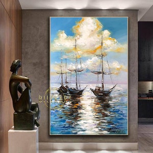 Pintura al óleo de velero en el mar, pintura original de veleros, arte mural de vela, pintura de barco personalizada sobre lienzo, arte colorido de barcos al atardecer