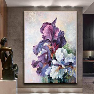 Grande flor abstrata pintura a óleo original roxo branco floral lona arte da parede flores abstratas decoração da parede extra grande pintura de flor íris