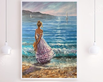 ビーチガール油絵 海辺の女性 ウォールアート 彼女への