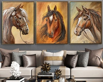 Set of 3 Oil Painting Original Large Horse Wall Art Decor Arabian Horse Paintings on Canvas 3 Piece Wall Art Large Three Horse Paintings Set