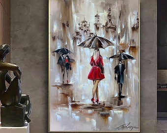 雨の夜のアクリル画：都市風景の傘アート（16x20） - Etsy 日本