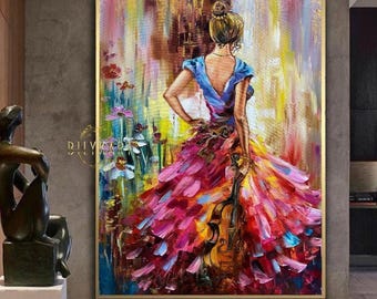 Ragazza con il violino, dipinto ad olio originale: Bellissima donna, opera d'arte da parete