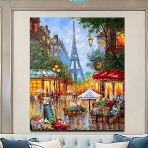 Bunte Paris Straßenszene Ölgemälde Eiffelturm Kunstwerk Nacht Stadt Malerei Europa Wand Kunst Pariser Kunst Original französische Cafe Malerei