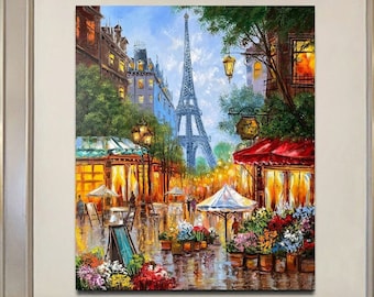 Colorful Paris Street Scene Oil Painting Eiffel Tower Artwork Night City Painting Europe Wall Art Parisian Art Original French Cafe Painting