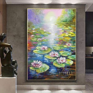 Monet Style Painting Water Lilies Lotus Flower Wall Art Water Lily Painting Green Lake Oil Painting Botanical Decor Pond Nature Oil Painting