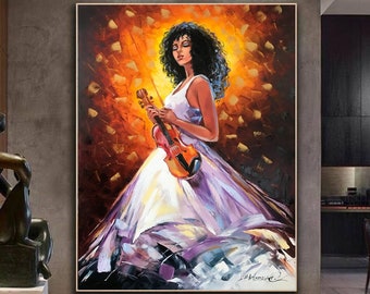 Black Woman Oil Painting Original African American Art Lady with Violin Painting on Canvas Violin Art Girl in White Dress Painting 30x40