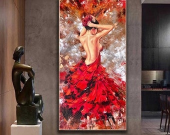 Lady in Red Oil Painting on Canvas Back of Woman Painting Elegant Artwork Figurative Painting Abstract Woman Wall Art 18x36 Tall Wall Decor