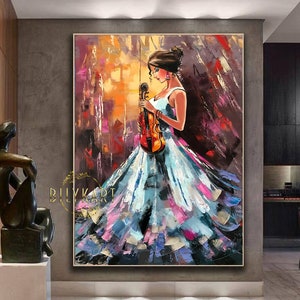 Large Girl with Violin Oil Painting On Canvas Abstract Girl Canvas Wall Art Extra Large Musician Abstract Painting Modern Violin Painting