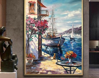 Italian Street Cafe Oil Painting Original: Large Mediterranean Sea Boat Canvas Wall Art