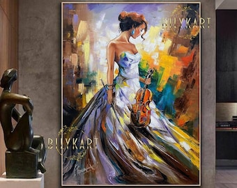 Lady with Violin Oil Painting Original Women 36x48 Canvas Wall Art Girl Large Musician Abstract Painting Modern Colorful Violinist Painting