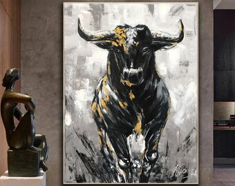 Large Abstract Bull Oil Painting Original Wall Street Bull Wall Art 48x36 Modern Black and White Bull Painting Oversized Painting Abstract