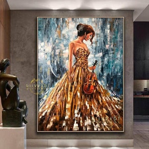 Gorgeous Girl with Violin Oil Painting Abstract Woman Wall Art Luxury Gift for Her Blue Gold Painting 30x40 Music Wall Decor Modern Art