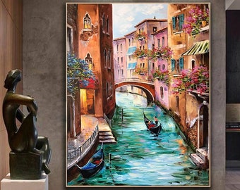 Venice Italy Painting Original Canvas Art Gondola Boat Painting Travel to Italy Gift Italian Wall Art Framed Venetian Canal Oil Painting