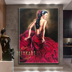 Flamenco Tänzerin Rotes Kleid Gemälde auf Leinwand Tanzendes Mädchen Wand Kunst Tanzendes Gemälde Moderne Kunst Flamenco Tänzerin Ölgemälde Original