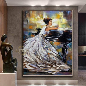 Pianist Painting Girl Grand Piano Wall Art Woman Sitting Art Lady Artwork Abstract Music Oil Painting Piano Gifts For Women Dress Painting