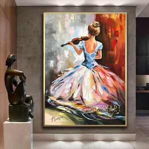 May include: A painting of a woman in a colorful dress playing a violin. The background is a mix of abstract shapes and colors.
