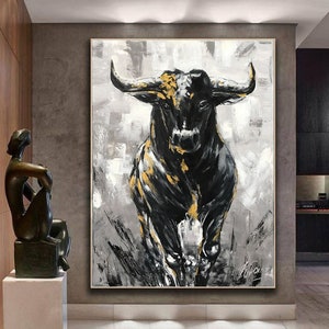 Large Abstract Bull Oil Painting Original Wall Street Bull Wall Art 48x36 Modern Black and White Bull Painting Oversized Painting Abstract