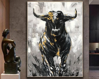 Large Abstract Bull Oil Painting Original Wall Street Bull Wall Art 48x36 Modern Black and White Bull Painting Oversized Painting Abstract