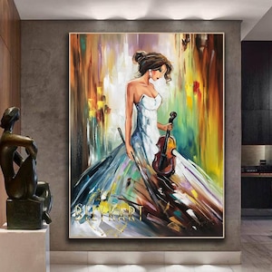 Pintura a óleo de menina com violino, arte de parede com música clássica, pintura de retrato clássica, presente para músico, pintura de violinista, arte de menina violinista