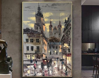 Abstract City Painting Original Street Scene Art Painting Gray Abstract Wall Art Cityscape Oil Painting Large Canvas City Street Painting