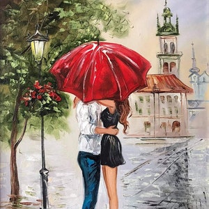 Romantic Couple Painting Canvas Love Date Night Art for Home Couple Kiss under Red Umbrella Wall Art for Bedroom Kissing Couple Oil Painting
