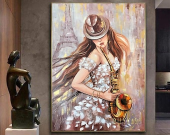 ジャズを演奏する少女の油絵（キャンバス）、パリの女性の壁掛けアート