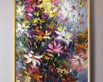 Impasto Flowers Oil Painting, Original Wild Flowers Botanical Wall Art