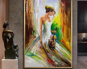 Beautiful Girl with Violin Oil Painting: Abstract Woman in Gown Art