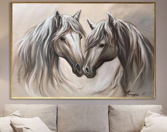 Two Horses Painting Portrait, Elegant Vintage Brown Horse Wall Art