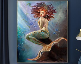 Dipinto a olio originale di una sirena su tela: opera d'arte murale subacquea (31,9"x39,4")
