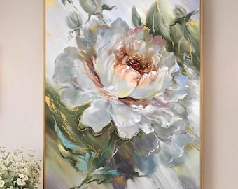 大きな抽象的な花の油絵、白緑の花の壁アート、ニュートラルカラーの花