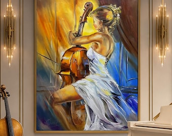 Woman Playing Cello Oil Painting Original, Female Musician Art, Classical Music Decor