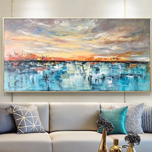 Large Abstract Oil Painting Original Ocean Sunset Wall Art Handmade Long Horizontal Oil Painting Sea Large Yellow and Blue Painting 40x80