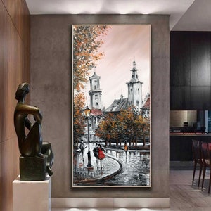 Hoog olieverfschilderij op canvas originele lange smalle kunst kleine canvas schilderij stad artwork hoge muur kunst kleine schilderijen lange smalle muur decor