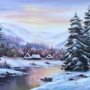 Winter Scene Original Painting, Forest River Oil Painting on Canvas, Large Mountains Pine Trees Wall Art, Snow Winter Landscape Painting