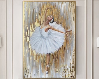 May include: A painting of a ballerina in a white tutu dancing against a gold and grey background.