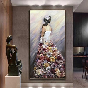 Woman in Flower Dress Oil Painting Original 30x60 Canvas Wall Art Extra Large Girl in Floral Dress Painting Modern Woman Back Painting