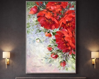 Gran cuadro al óleo de flores originales: Cuadro abstracto de gran tamaño con peonía roja sobre lienzo para pared.