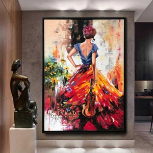 Abstract Woman in Red Dress Oil Painting Original Abstract Girl Back View Painting Extra Large Oil Painting Over Fireplace Modern Woman Art