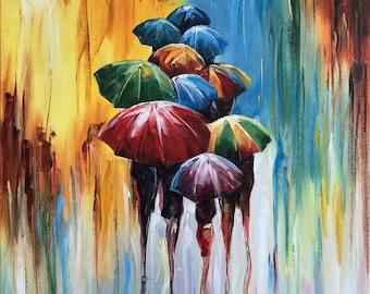 抽象的な傘の絵画 モダンな雨の日アート オリジナルの傘のアート装飾