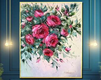 キャンバスに描かれた抽象的なバラの絵画、ピンクのバラの壁アート