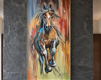 Gran pintura abstracta al óleo de un caballo. Arte mural original sobre lienzo de un caballo al galope. Pintura al óleo del oeste. Hermosa pintura abstracta de un caballo marrón.