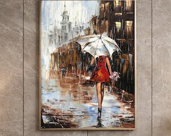 雨の降る街の風景を描いた油絵のオリジナル作品、バンクシーの傘を持っ