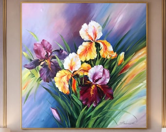 アイリスの花のオリジナル絵画、咲き誇る大きな花のウォールアート