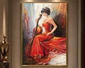 チェロを演奏する女性の油絵オリジナル、赤いドレスを着た優雅な女性の