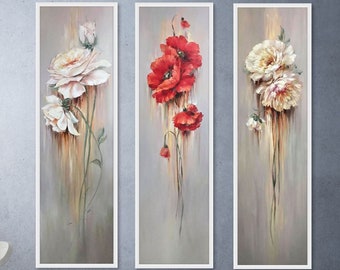 Long Vertical Painting Large Abstract Flowers Wall Art Work Canvas Beige Flower Oil Painting Large Original Floral Vertical Art Set